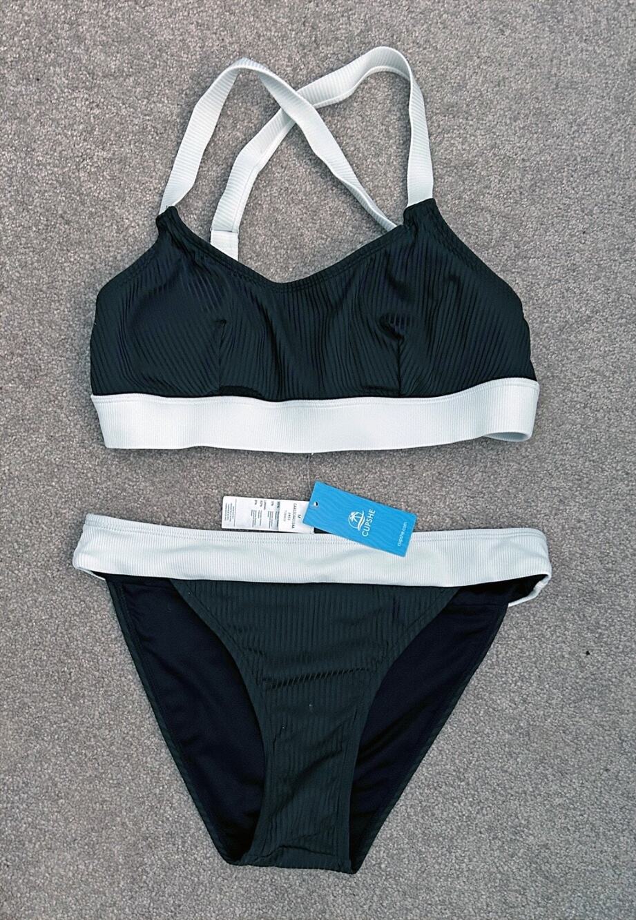 NWT! CUPSHE Classic Cool Colorblock Bikini Bralette & Mid-Rise Bottoms Set, M